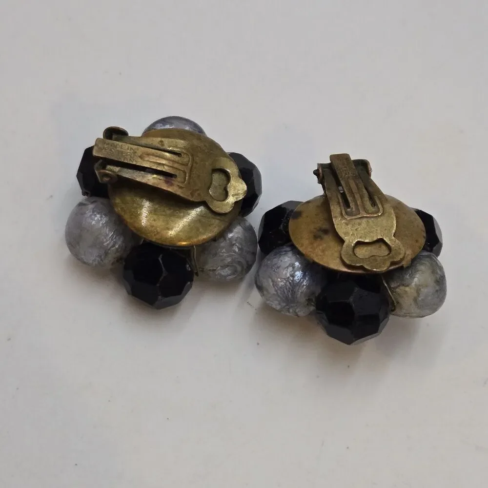 Vintage Earrings West Germany Marked Iridescent Bead Cluster Purple Black Clip